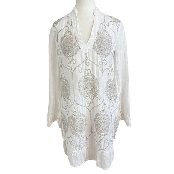 120% LINO WHITE LINEN SILVER GREY MEDALLION PRINT V-NECKLINE SHIFT TUNIC DRESS - Picture 1 of 12